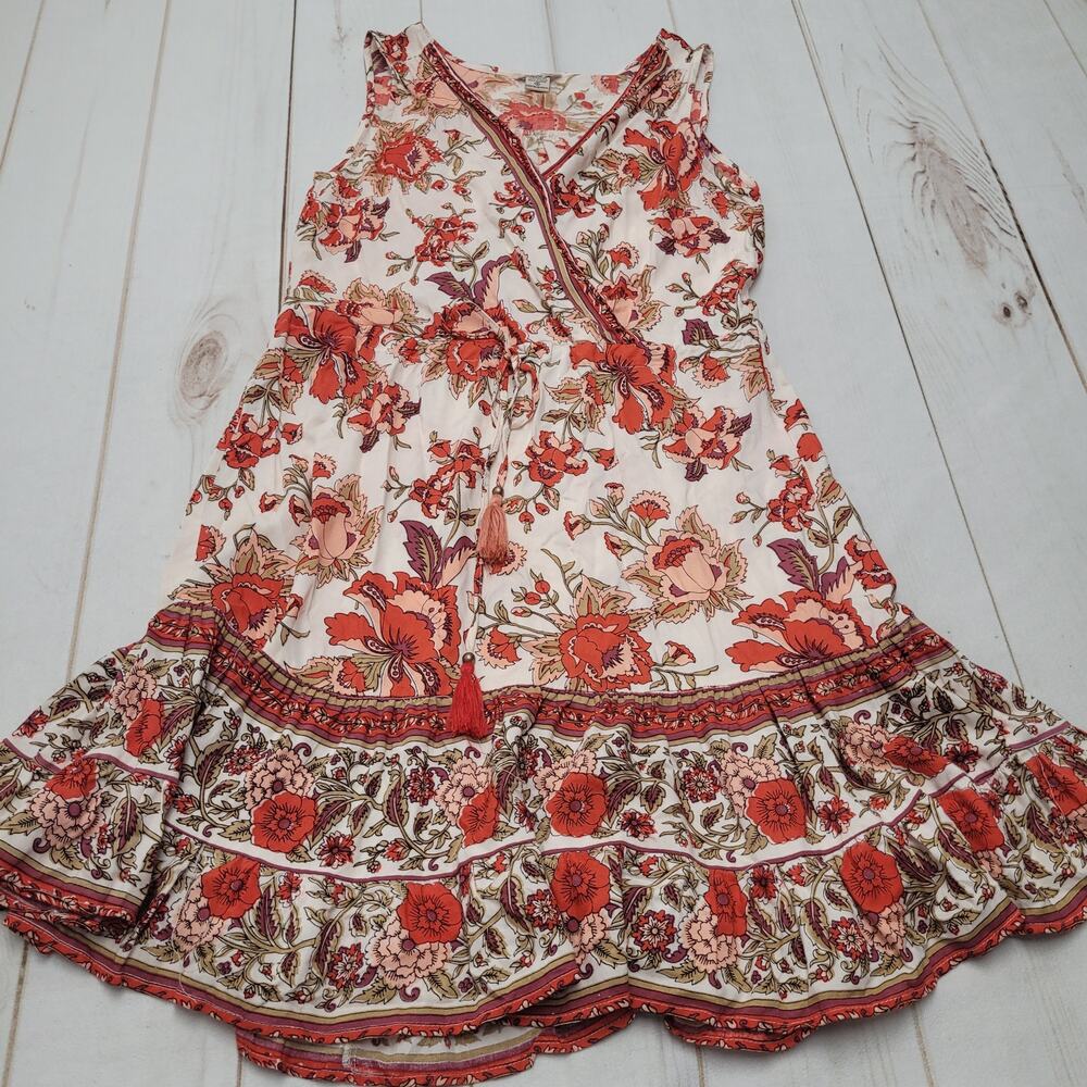 Lola P floral ruffle red knee length dress V neck boho india